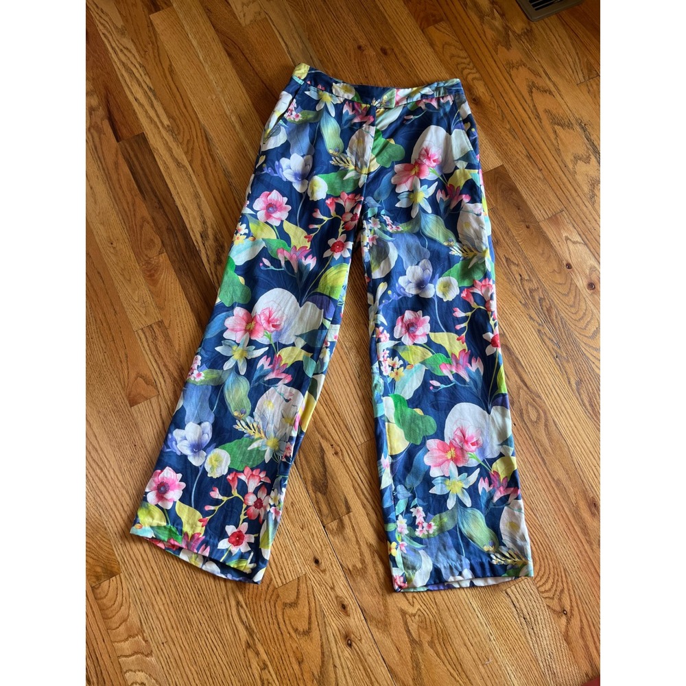 J.McLaughlin Floral Tencel Wide Leg Pants Blue Tropical Print Womens Size 4‎ b3